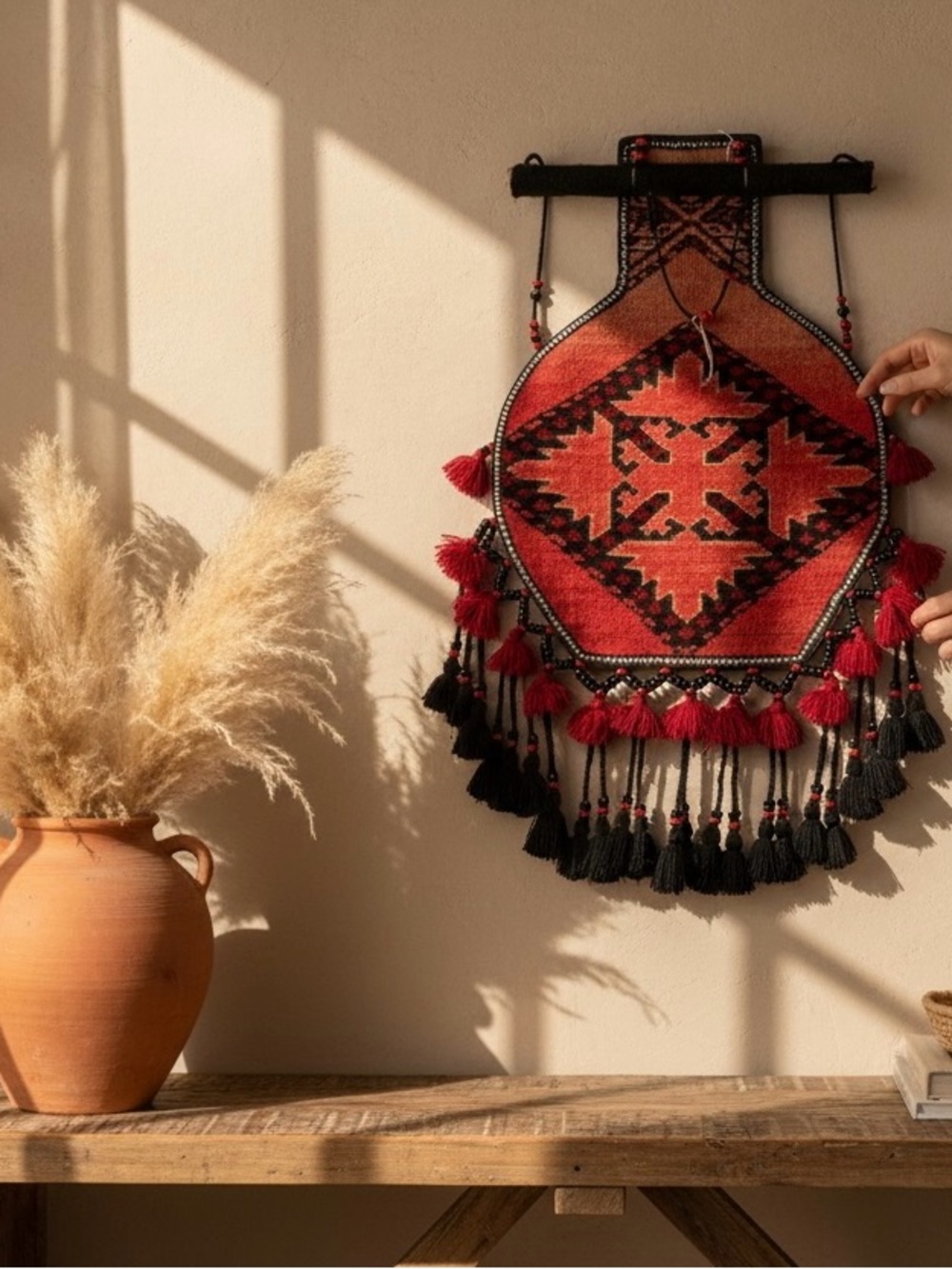 Vintage Tribal Textile Wall Hanging w/ Tassels & Beads – 32” x 14” Boho Decor